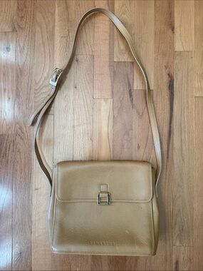 Vintage Lamarthe Paris Tan Leather Crossbody Shoulder Bag with Gold Buckle
